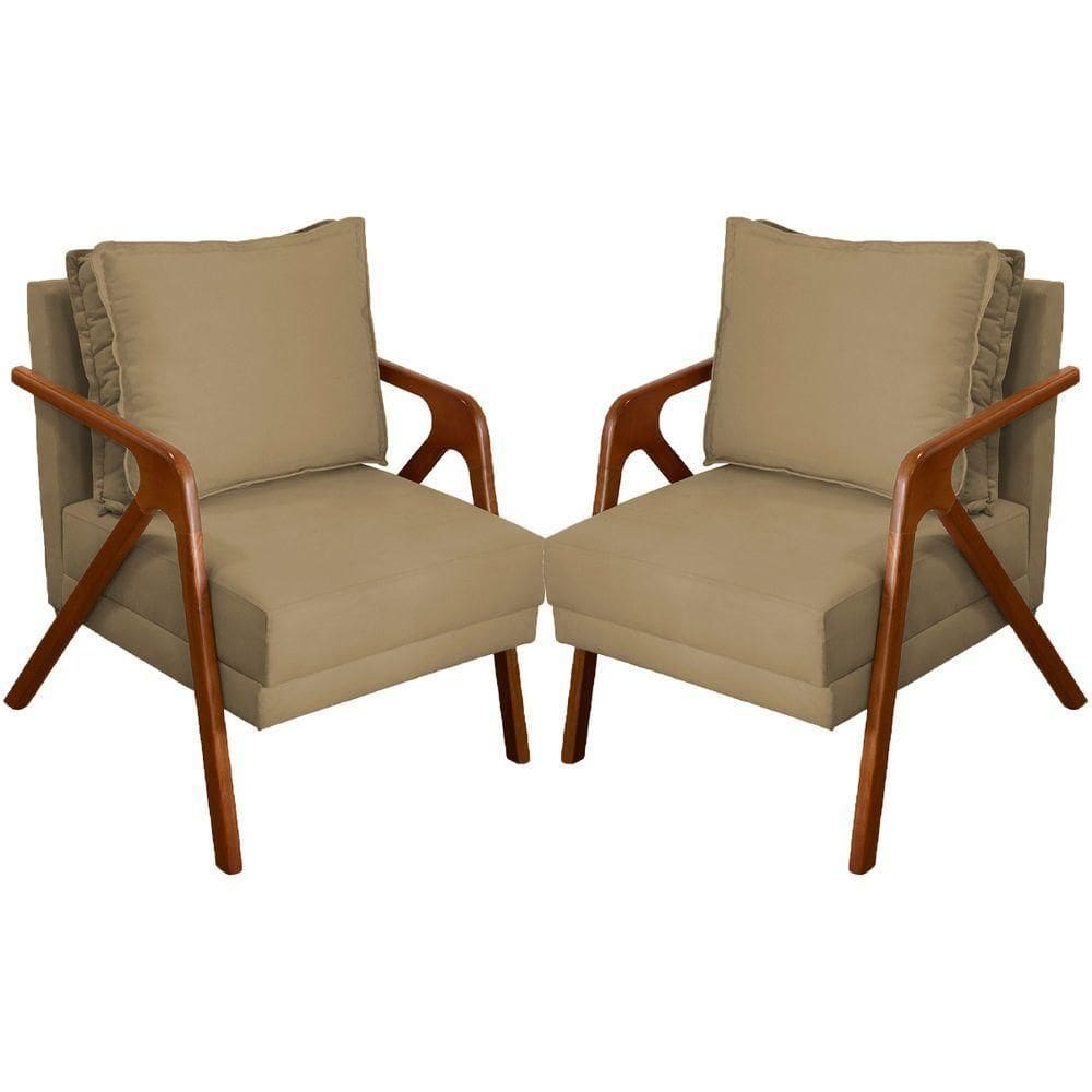 Kit 2 Poltronas Decorativa Shine Pé Castanho - Nude Suede