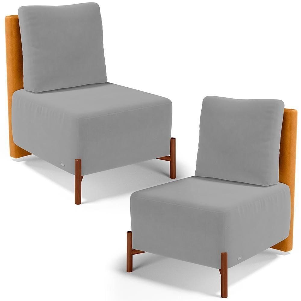 Kit 02 Poltronas Decorativas Sala De Estar Living Hungria L02 Couríssimo Whisky Suede Cinza - Lyam