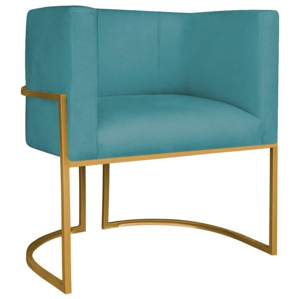 Poltrona Decorativa Luna Base De Ferro Dourado Suede Cor Azul Turquesa