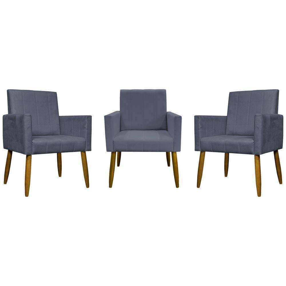 Kit 3 Poltronas Decorativas Confortáveis Mari - Cinza Suede