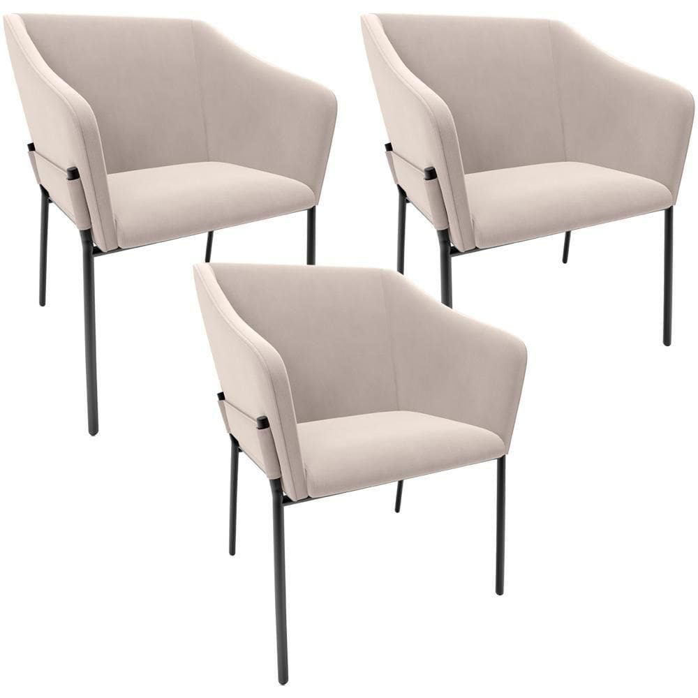 Kit 3 Cadeiras Para Sala De Jantar Estar Living Olívia L02 Suede Bege - Lyam Decor