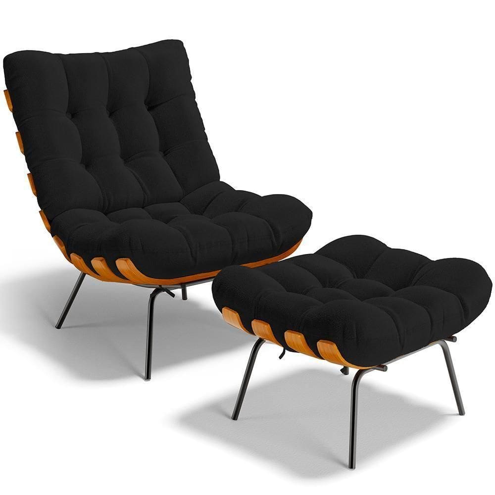 Poltrona Costela L02 Com Puff Sala De Estar Bouclê Preto - Lyam Decor