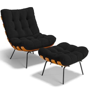 Poltrona Costela L02 Com Puff Sala De Estar Bouclê Preto - Lyam Decor