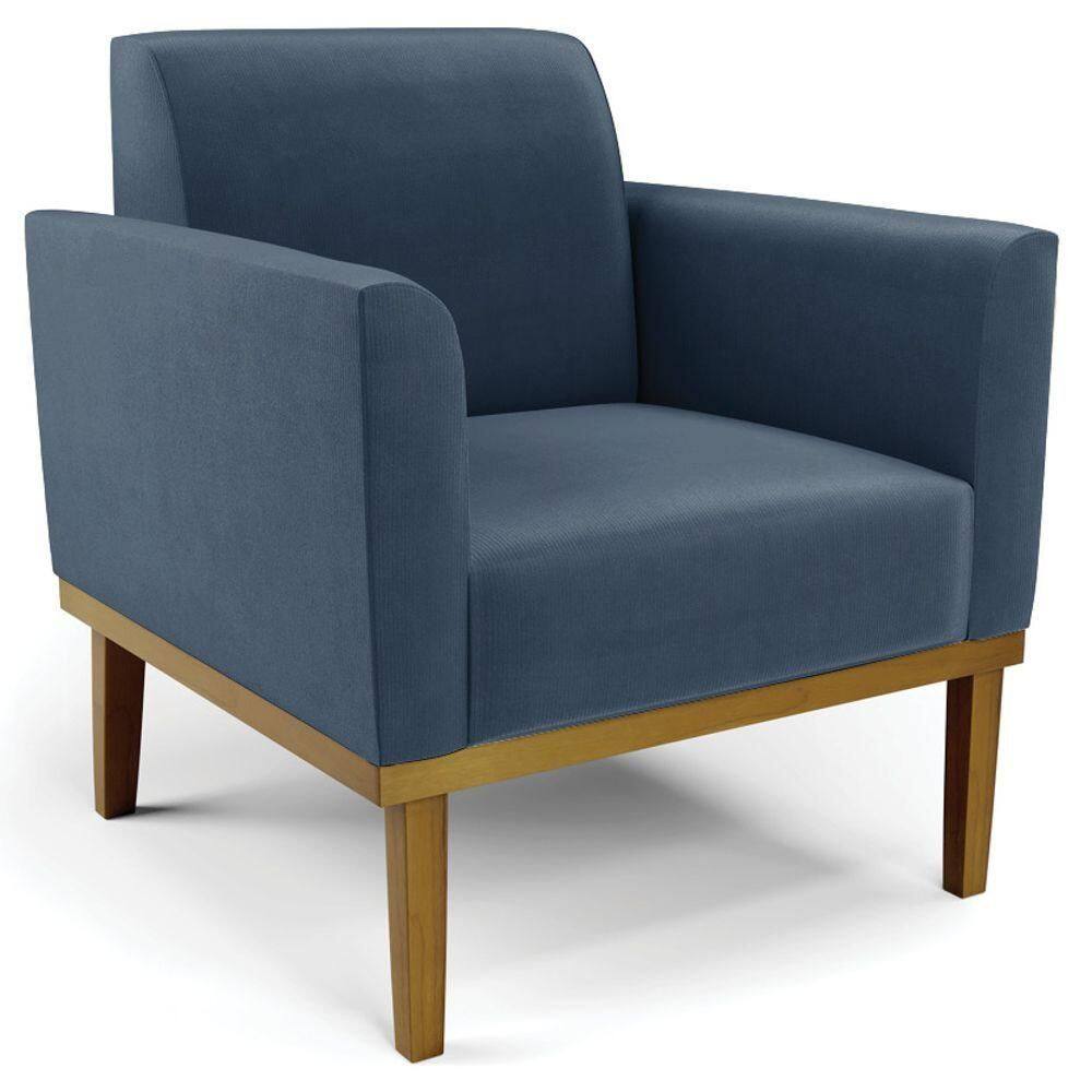Poltrona Decorativa Base Madeira Castanho Maressa Suede Azul Marinho