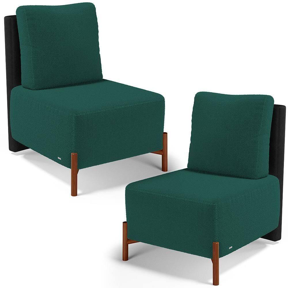 Kit 02 Poltronas Decorativas Sala De Estar Living Hungria L02 Couríssimo Preto Bouclê Verde