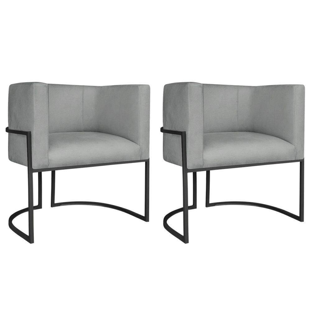 Kit 02 Poltronas Decorativas Luna Base De Ferro Preto Bouclé Cinza