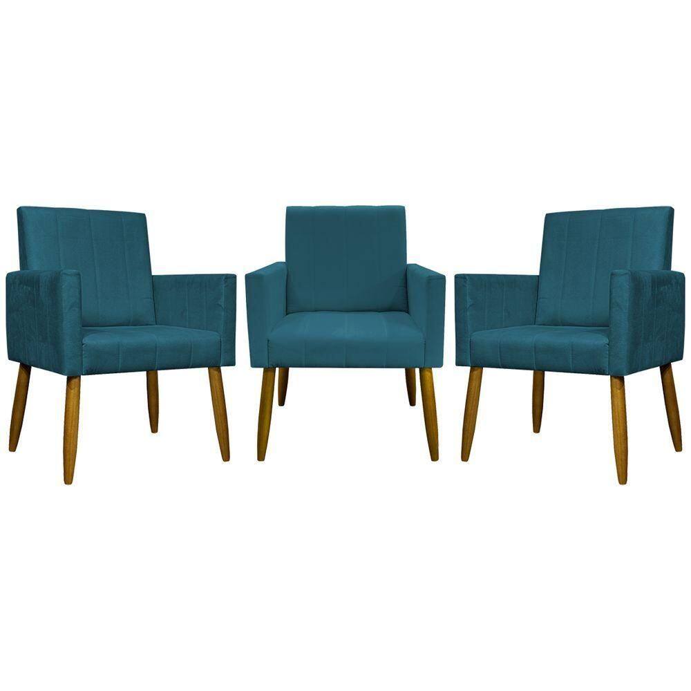 Kit 3 Poltronas Decorativas Confortáveis Mari - Azul-marinho Suede
