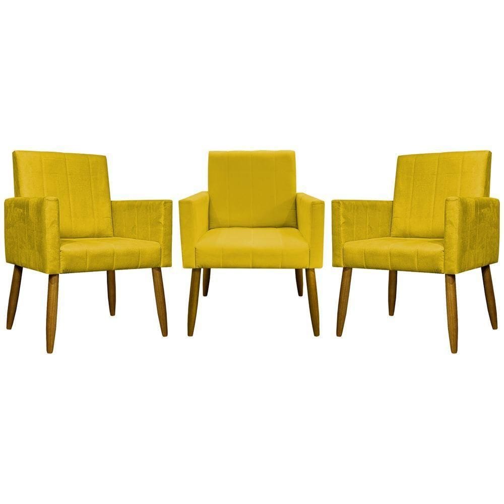 Kit 3 Poltronas Decorativas Confortáveis Mari - Amarelo Suede