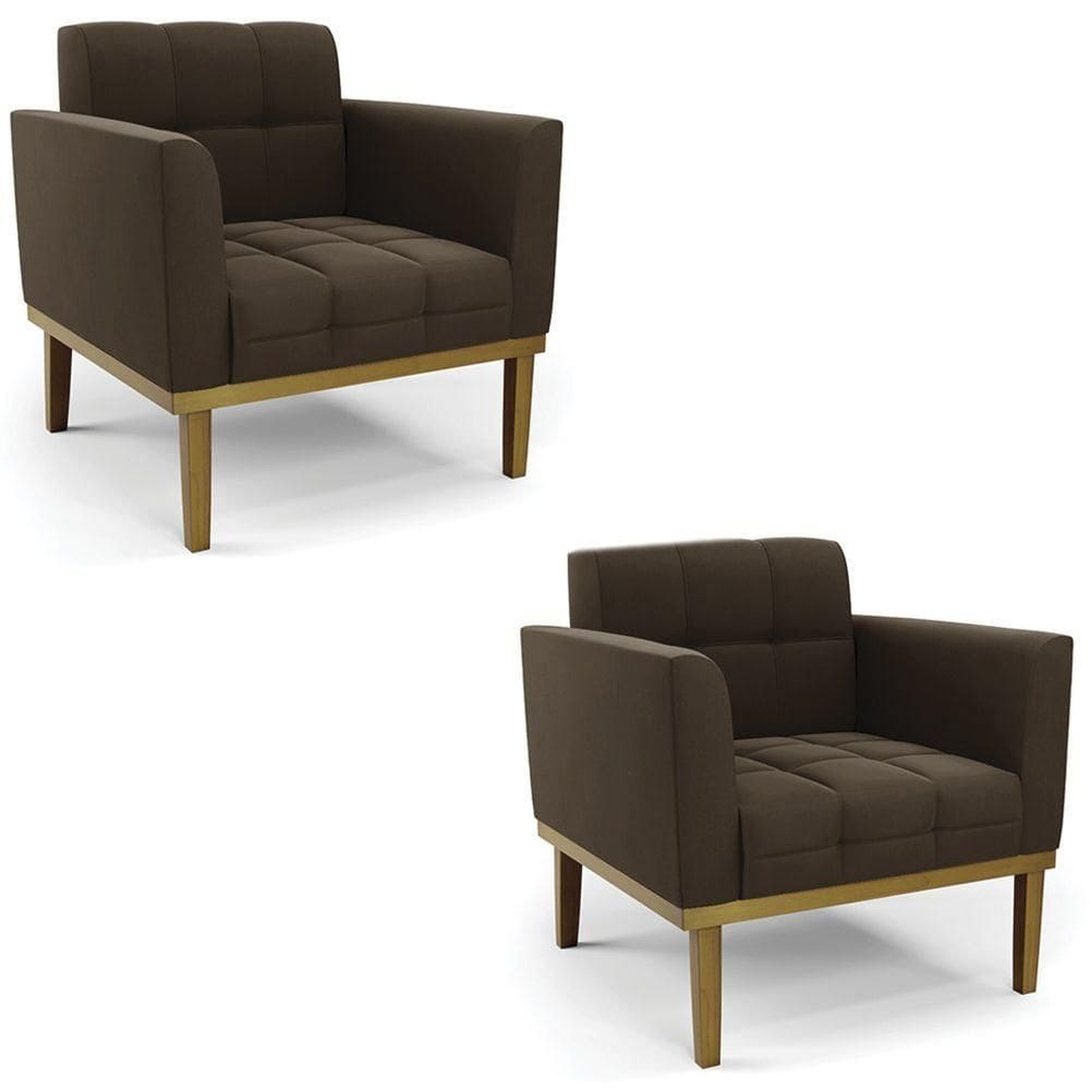 Poltrona Base Madeira Castanho Kit 2 Ana Suede Marrom