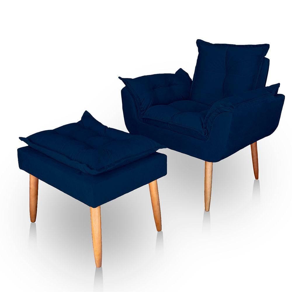 Poltrona Opala Para Sala Com Puff Reforçada Suede Azul Marinho