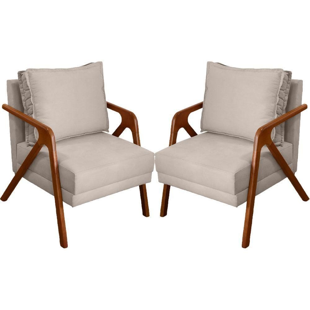 Kit 2 Poltronas Decorativa Shine Pé Castanho - Bege Suede