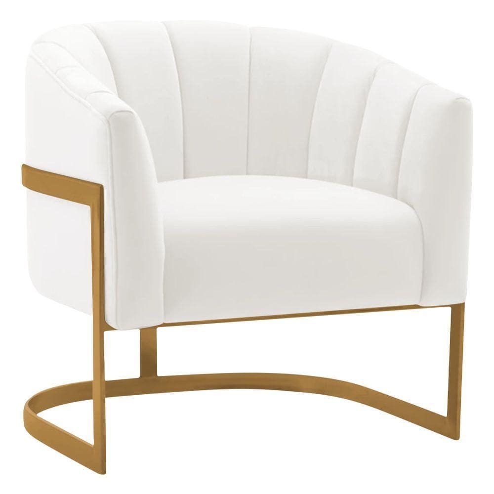 Poltrona Decorativa Sala De Estar Recepção Mavie Base De Ferro Dourado Bouclé Adj Decor Branco