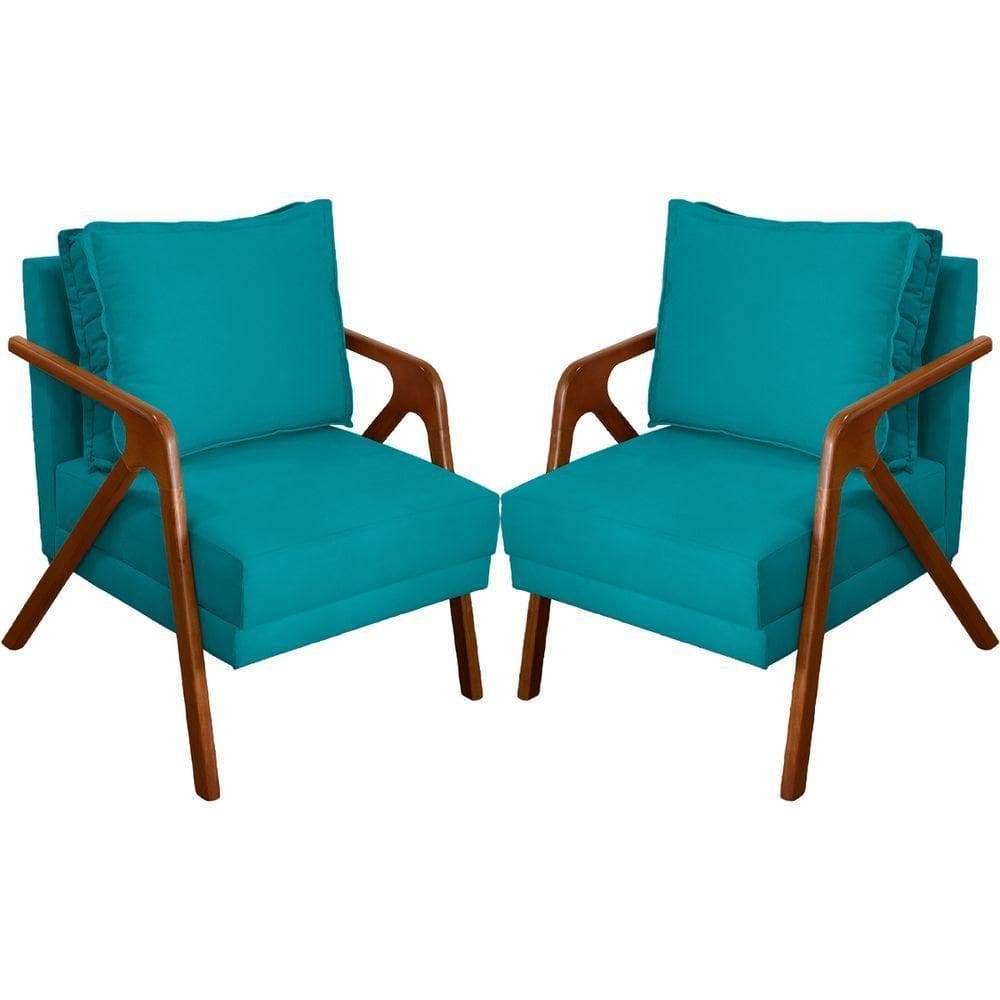 Kit 2 Poltronas Decorativa Para Sala Shine Suede Cores Pé Castanho - Azul-turquesa, Suede