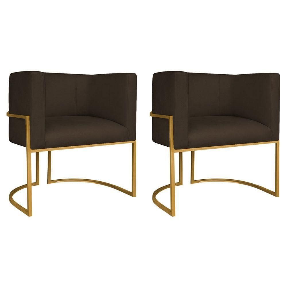 Kit 02 Poltronas Decorativas Luna Base De Ferro Dourado Sintético Marrom