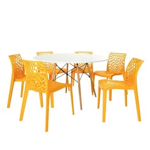 Conjunto Mesa De Jantar Redonda Eiffel Branca 120cm Com 6 Cadeiras Gruvyer - Amarelo