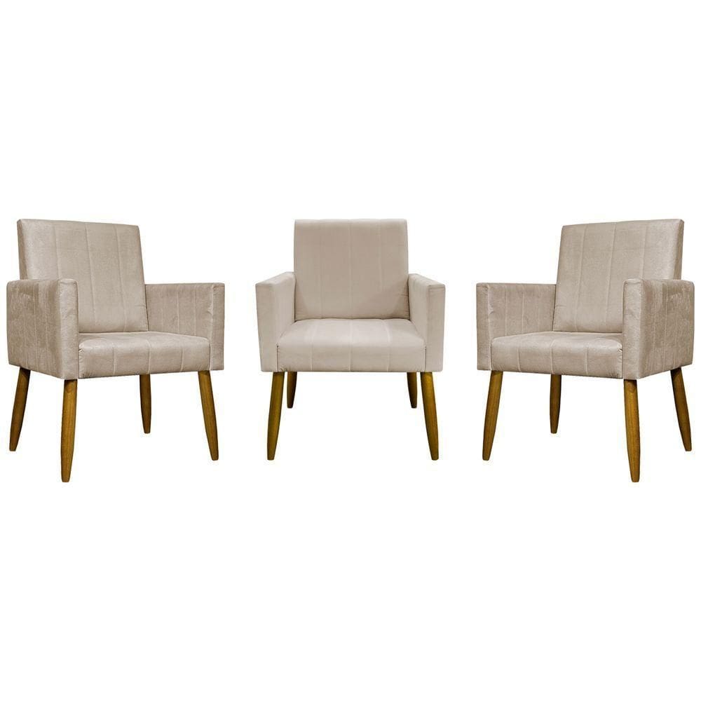 Kit 3 Poltronas Decorativas Confortáveis Mari - Bege Suede