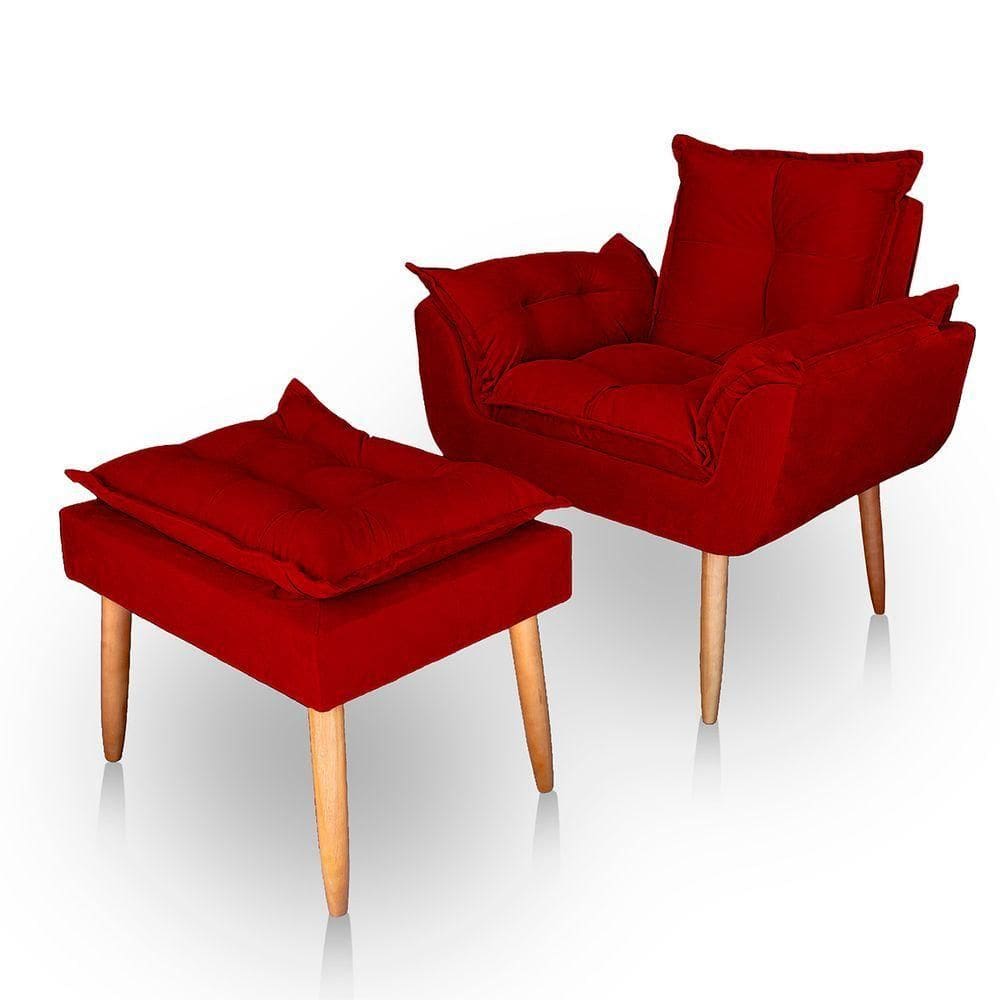 Poltrona Opala Para Sala Com Puff Reforçada Suede Cor Vermelho