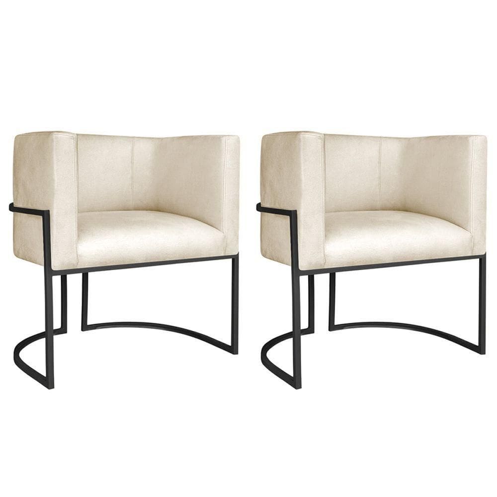 Kit 02 Poltronas Decorativas Luna Base De Ferro Preto Sintético Bege