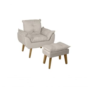 Poltrona Decorativa Opala E Puff Opala Bege Claro Com Fibra De Silicone E Pés Quadrado