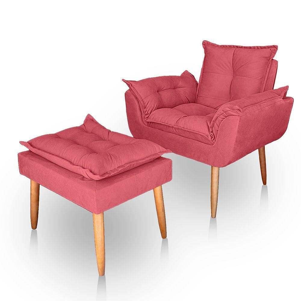 Poltrona Opala Para Sala Com Puff Reforçada Suede Rosa