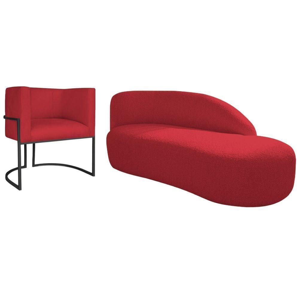 Kit Divã Luna 160cm Lado Direito E 01 Poltrona Base De Ferro Preto Suede Cor Vermelho