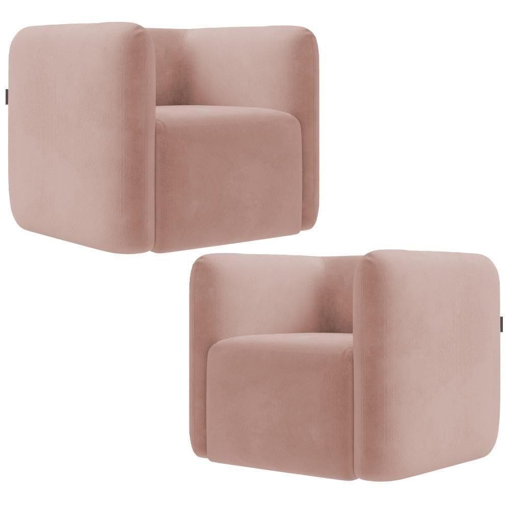 Kit 02 Poltronas Decorativas Para Sala De Estar Fixa Living Peônia K01 Veludo Rosê
