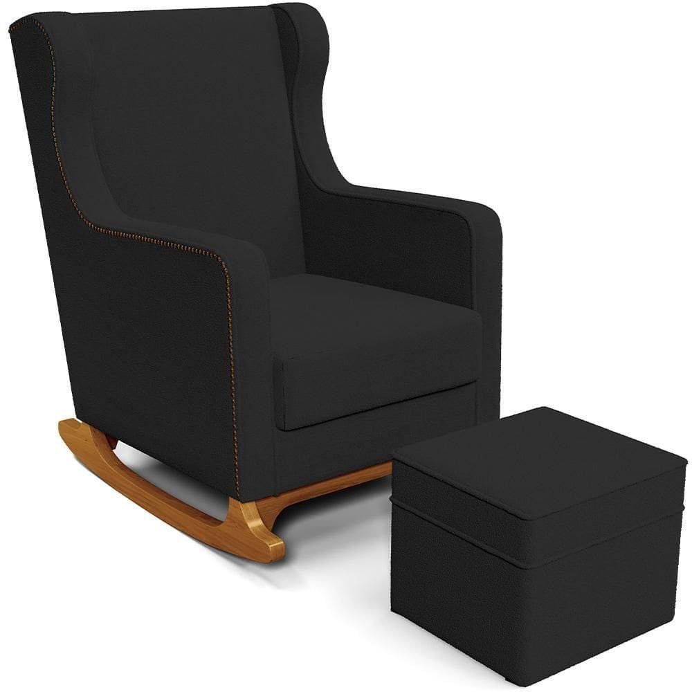 Poltrona De Amamentação Com Balanço E Puff Mavie L02 Bouclê Preto - Lyam Decor