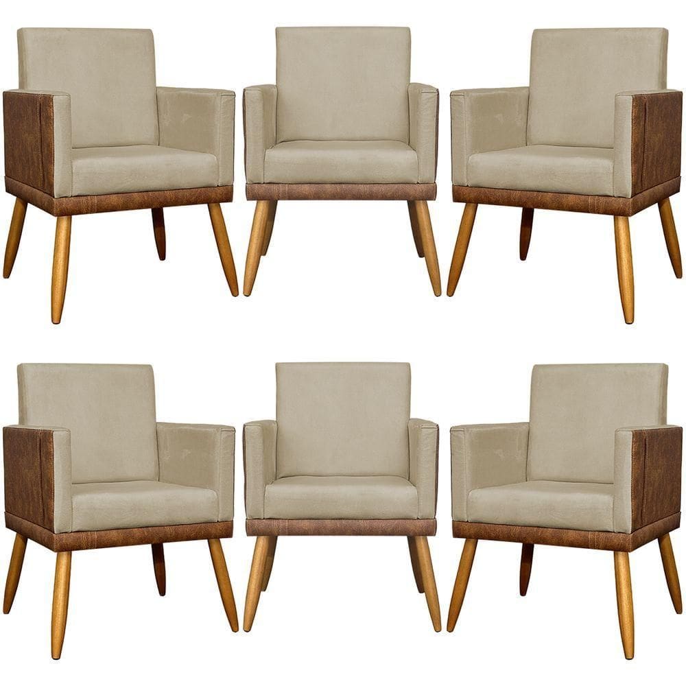 Kit 6 Poltronas Decorativas Para Escritório Lis Corino E Suede Cores Pé 30cm - Nude, Suede/corino