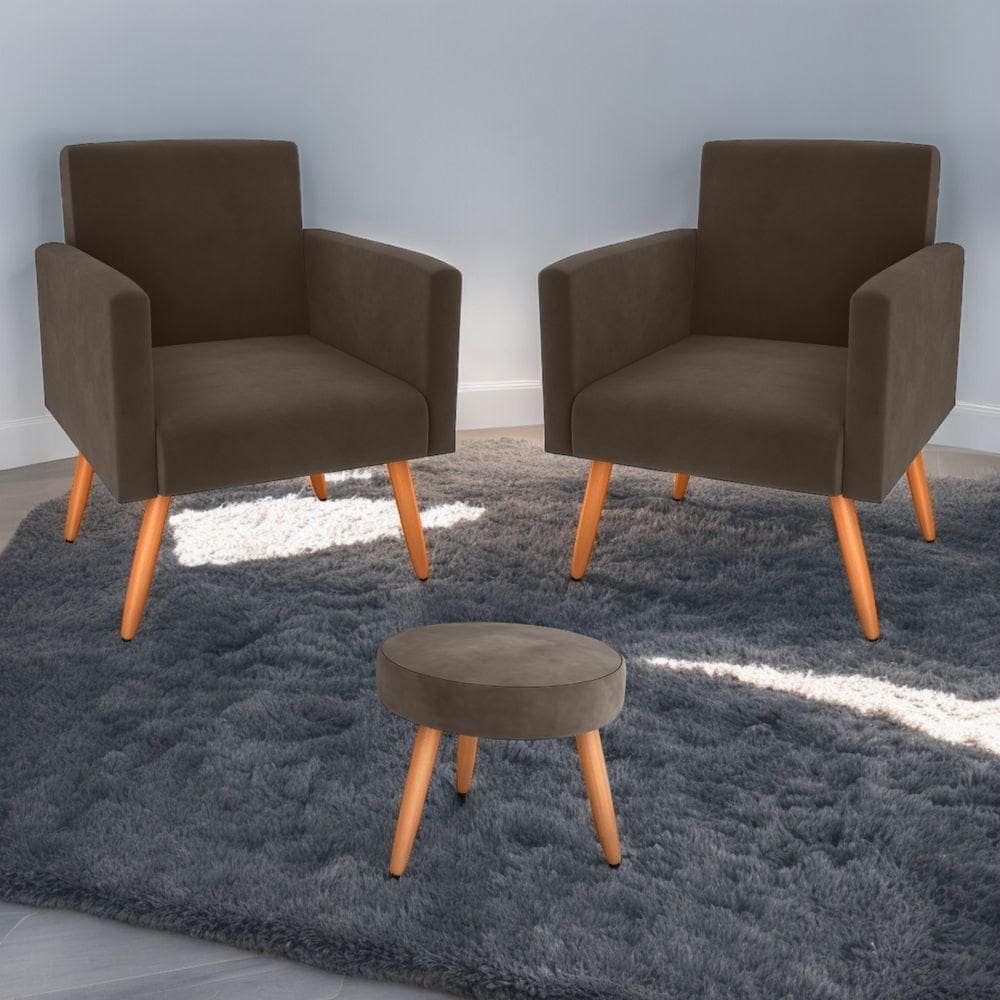 Conjunto Poltronas E Puff Anari Veludo Marrom