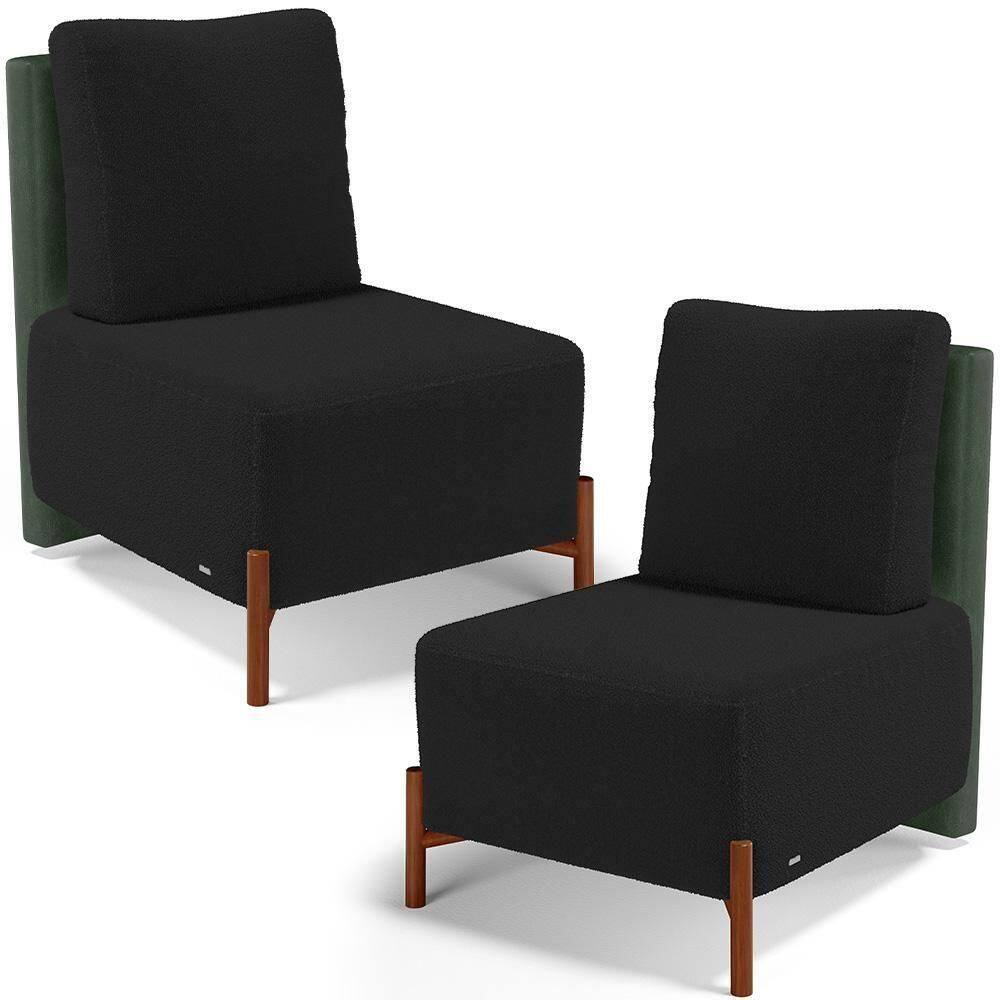 Kit 02 Poltronas Decorativas Sala De Estar Living Hungria L02 Couríssimo Verde Bouclê Preto - Lyam
