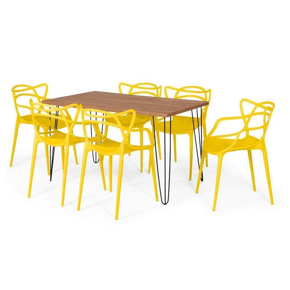 Conjunto Mesa De Jantar Retangular Hairpin Natural 130x80cm Com 6 Cadeiras Allegra - Amarelo