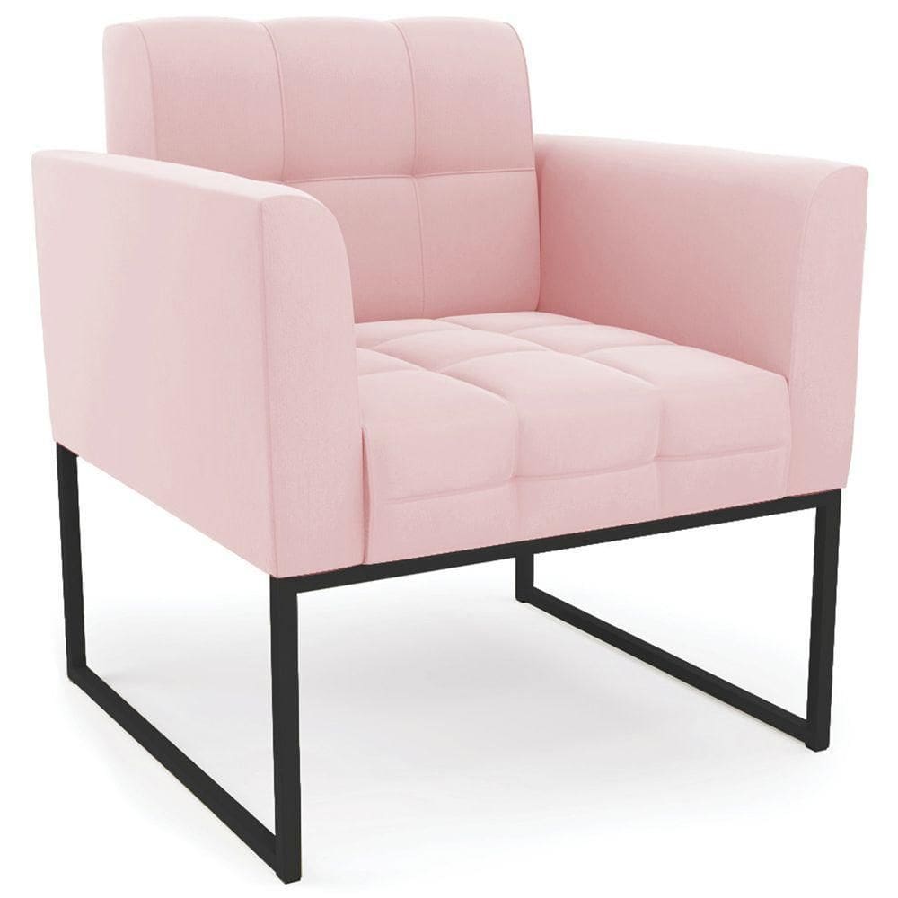 Poltrona Decorativa Base Industrial Preto Ana Suede Rosa Bebê