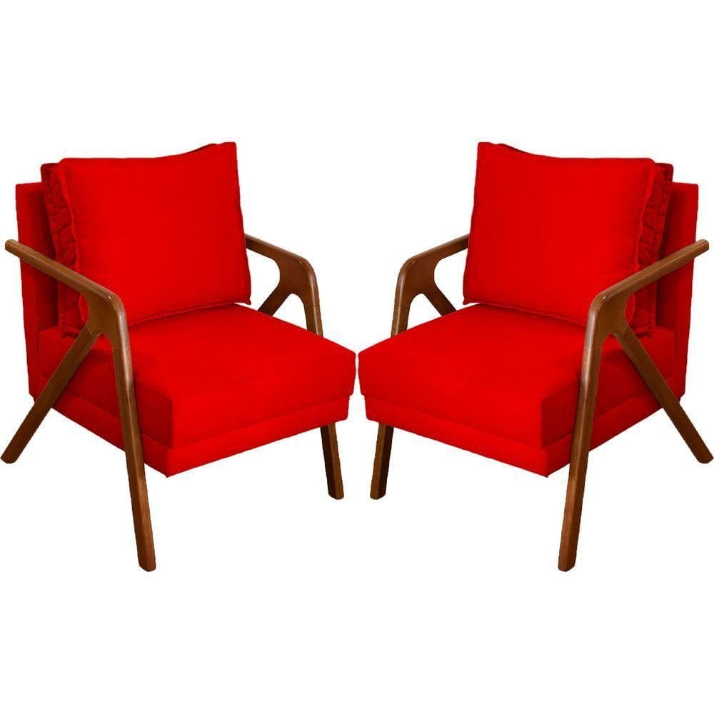 Kit 2 Poltronas Decorativa Para Sala Shine Suede Cores Pé Castanho - Vermelho, Suede