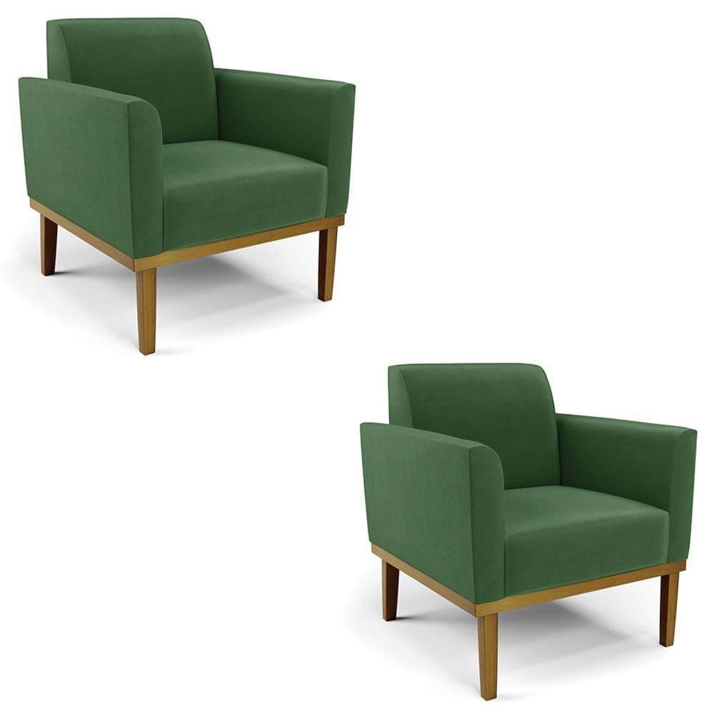 Poltrona Base Madeira Castanho Kit 2 Maressa Suede Verde