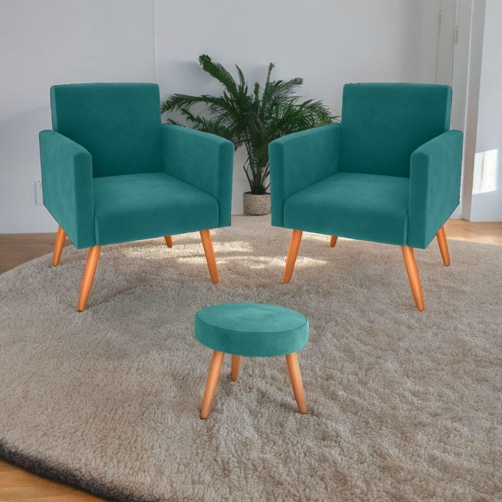 Conjunto Poltronas E Puff Iara Veludo Verde Menta