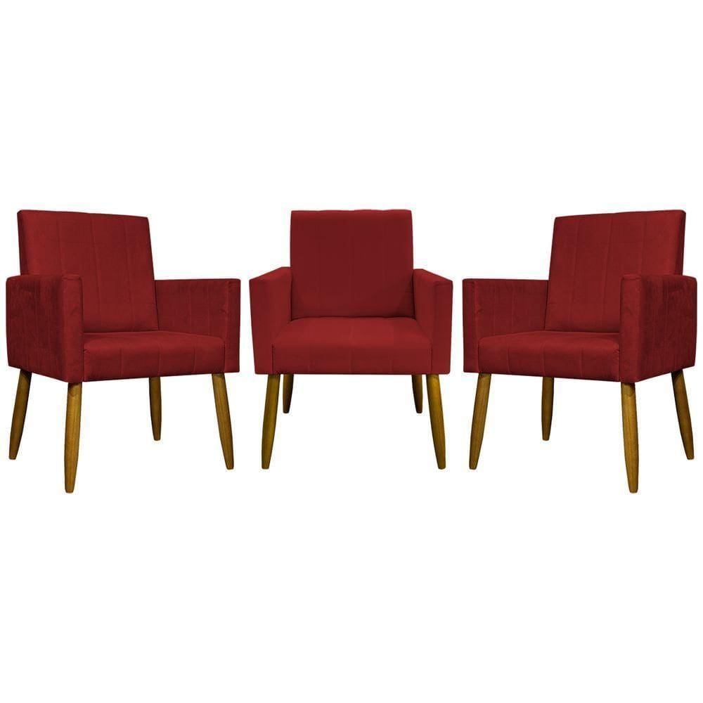 Kit 3 Poltronas Decorativas Confortáveis Mari - Vermelho Suede