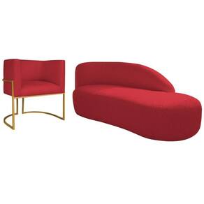 Kit Divã Luna 140cm Lado Direito E 01 Poltrona Base De Ferro Dourado Suede Cor Vermelho
