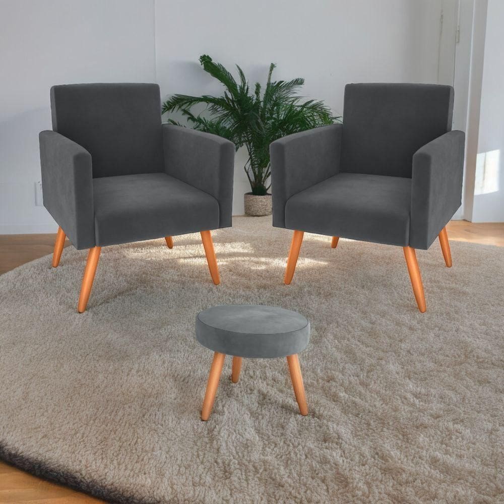 Conjunto Poltronas E Puff Iara Veludo Cinza