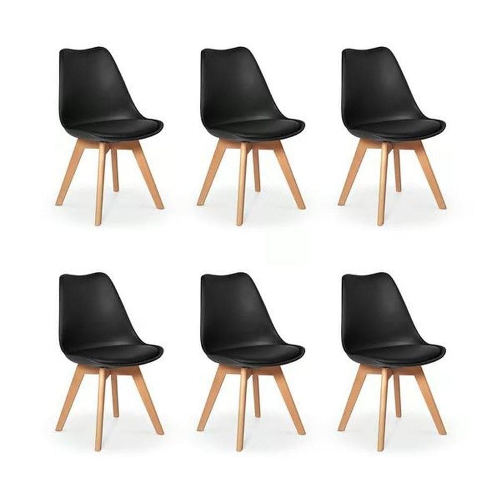 Kit C/ 6 Cadeiras Leda – Charles Eames, Saarinen Wood Com Almofada Preta