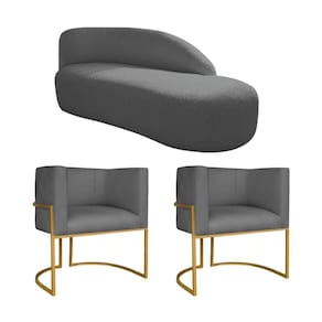 Kit Divã Luna 140cm Lado Direito E 02 Poltronas Base De Ferro Dourado Linho Cinza