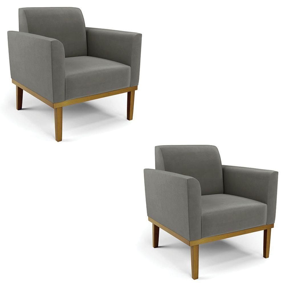 Poltrona Base Madeira Castanho Kit 2 Maressa Suede Grafite