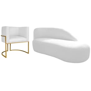 Kit Divã Luna 140cm Lado Direito E 01 Poltrona Base De Ferro Dourado Suede Cor Branco