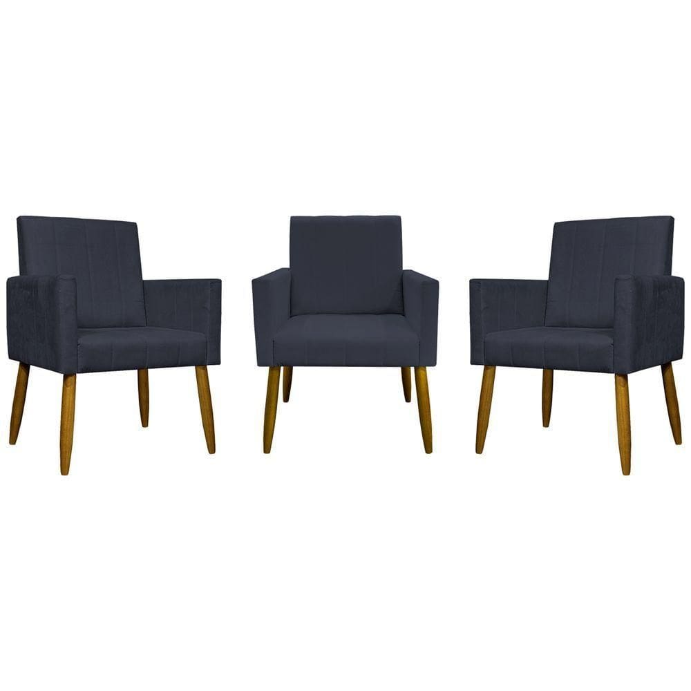 Kit 3 Poltronas Decorativas Confortáveis Mari - Preto Suede
