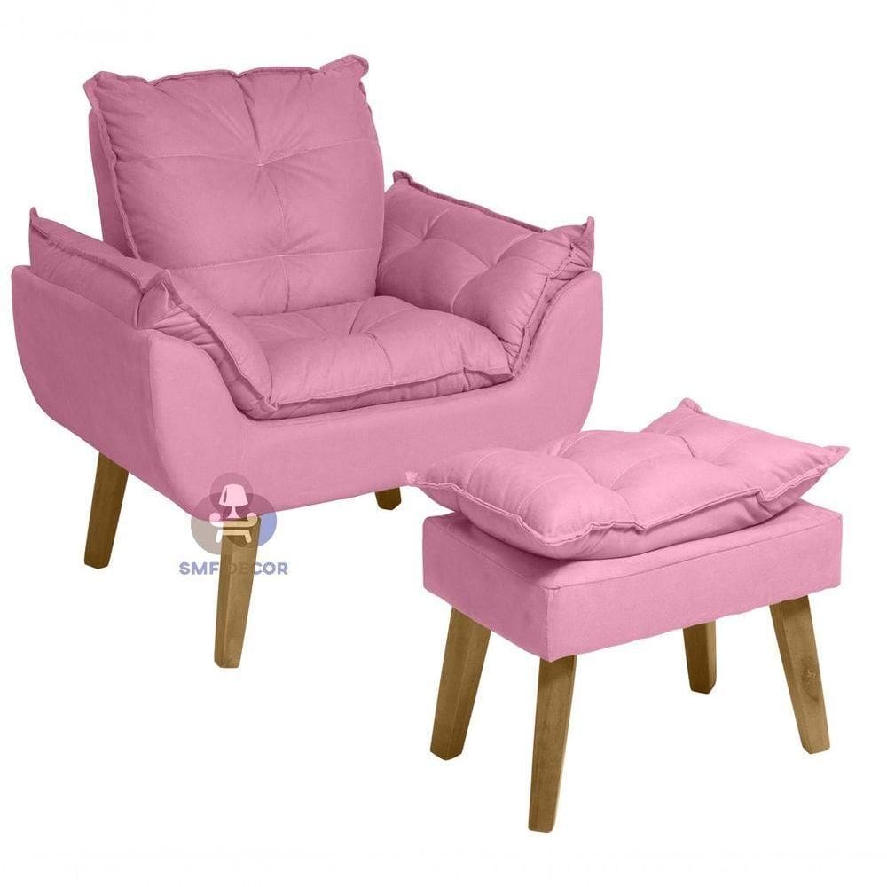 Poltrona-cadeira Decorativa Opala E Puff Opala Rosê Com Pés Quadrado