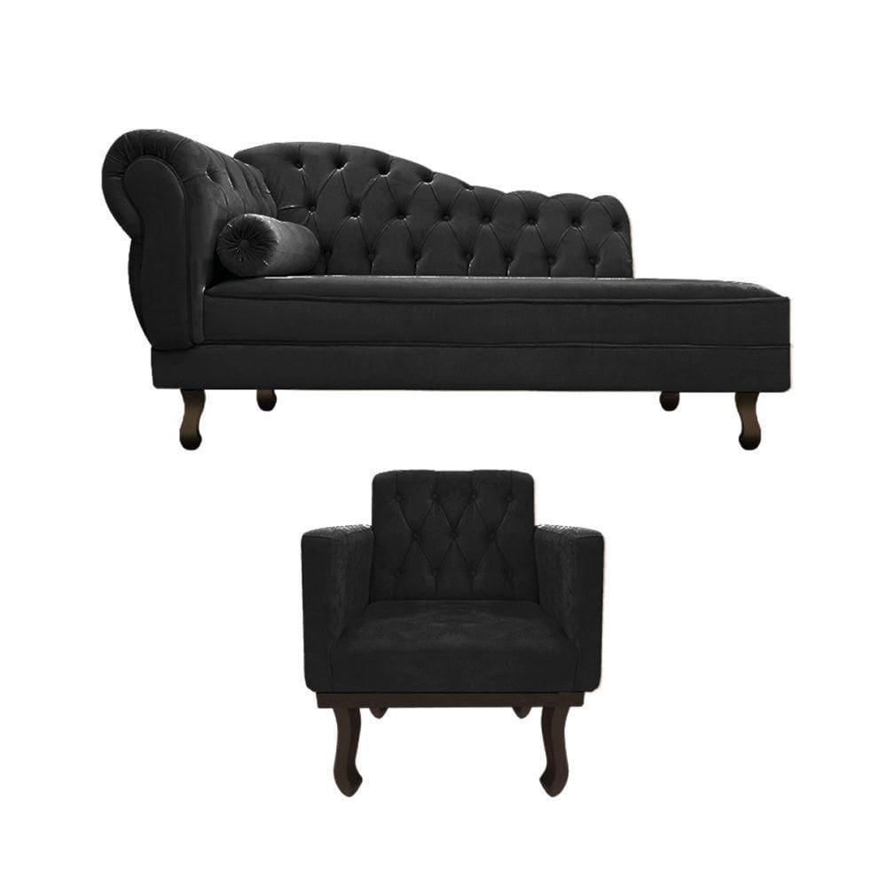 Kit Diva Recamier Diana 120cm Lado Direito E 1 Poltrona Classic Suede Adj Decor Preto