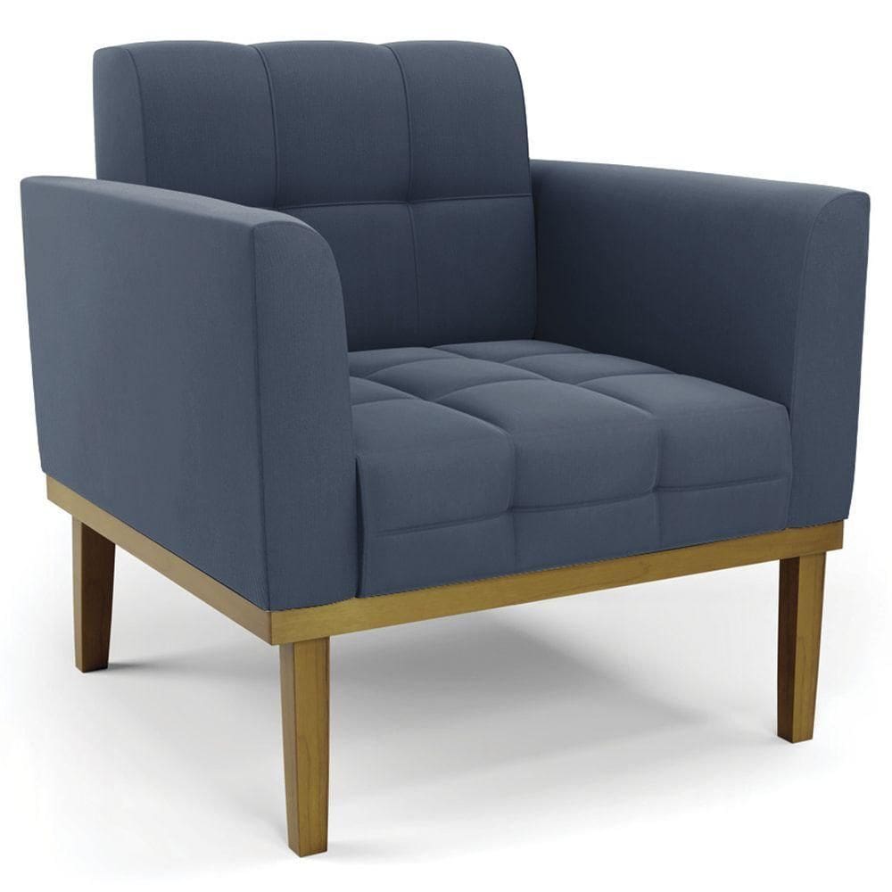 Poltrona Decorativa Base Madeira Castanho Ana Suede Azul Marinho
