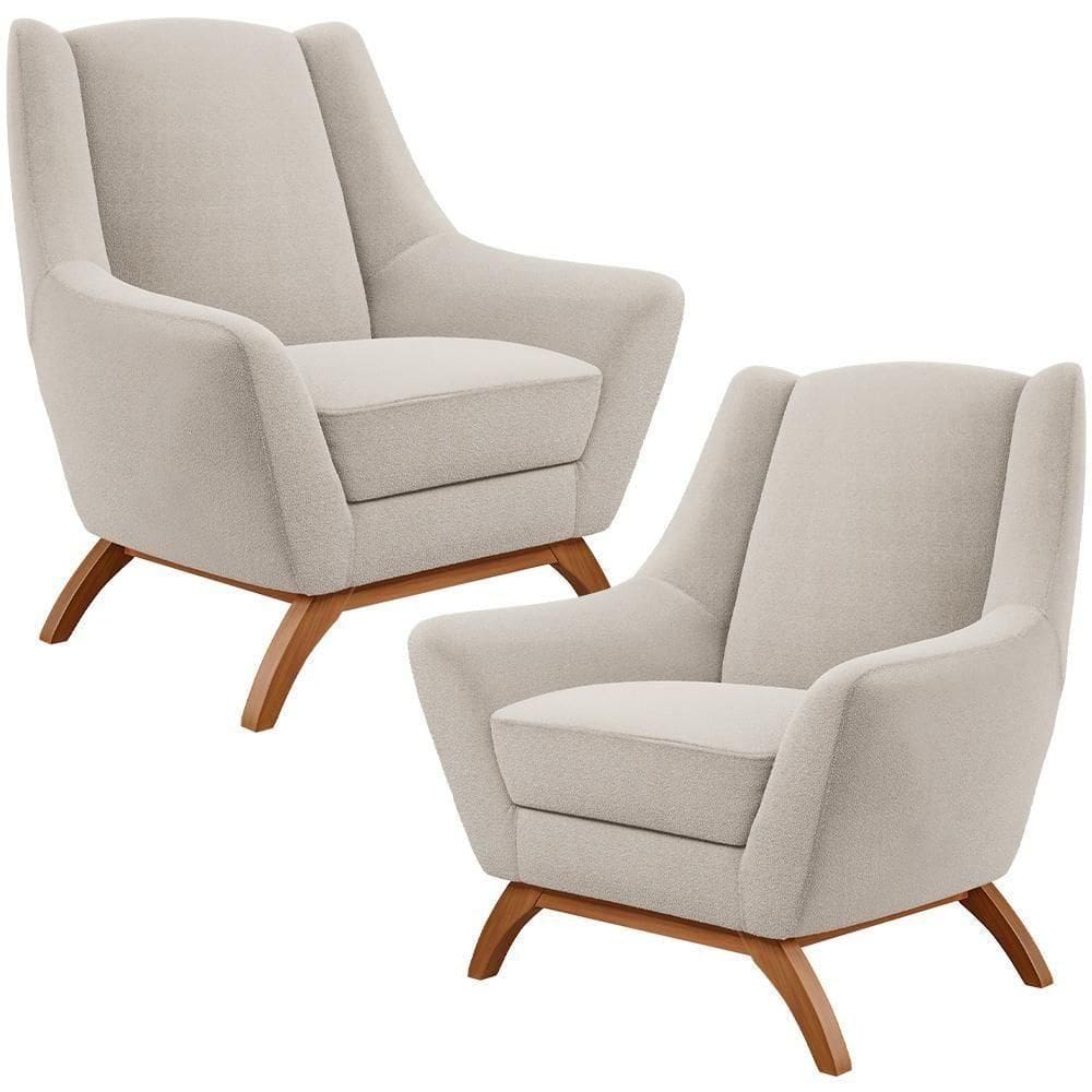 Kit 02 Poltronas Decorativa Fixa Base De Madeira Castanho Juliet D02 Bouclê Creme B-54 - Lyam Decor