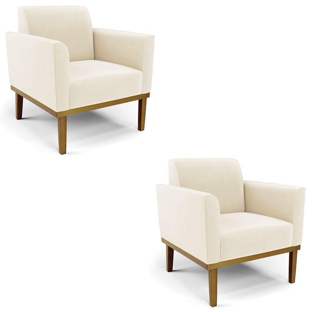 Poltrona Base Madeira Castanho Kit 2 Maressa Veludo Bege