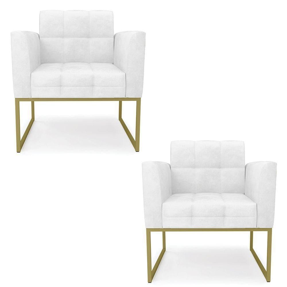 Poltrona Base Industrial Dourado Kit 2 Ana Sintético Pu Branco
