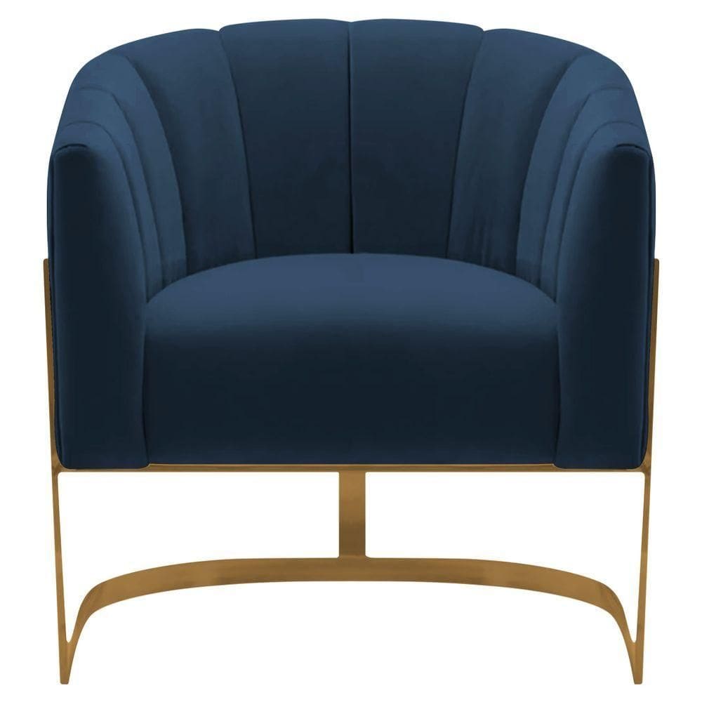 Poltrona Decorativa Sala De Estar Recepção Mavie Base De Ferro Dourado Suede Azul Marinho